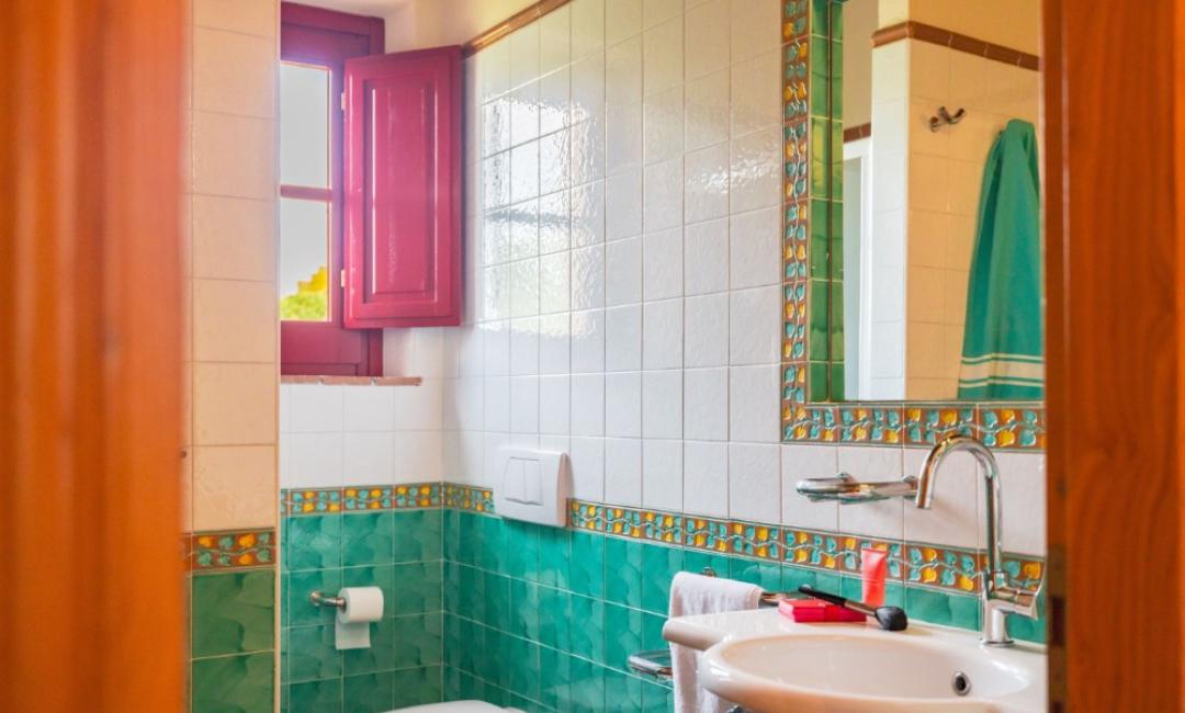 Salle de bain lumineuse avec carreaux verts et blancs, fenêtre rouge.