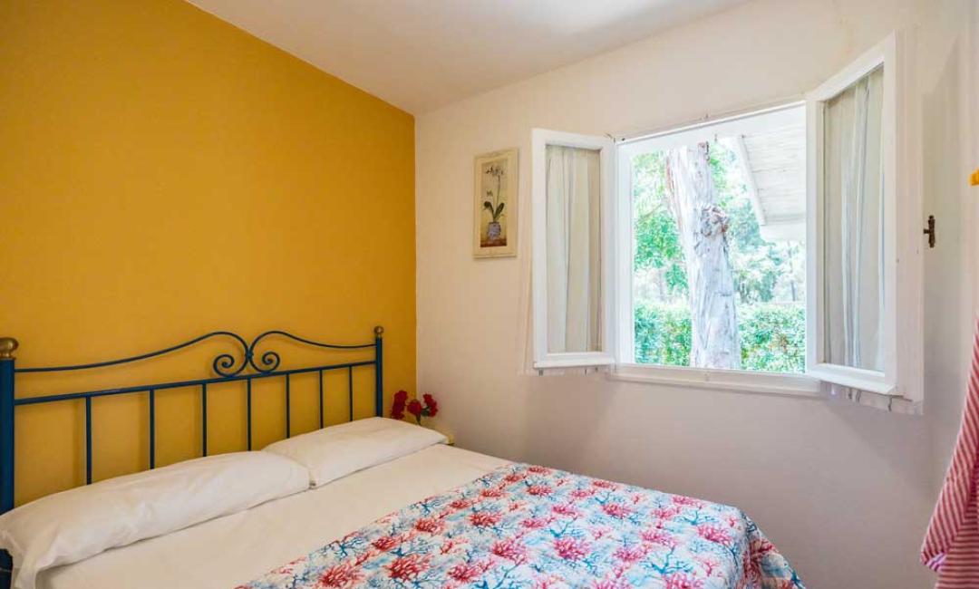 Chambre lumineuse avec mur jaune et fenêtre ouverte.