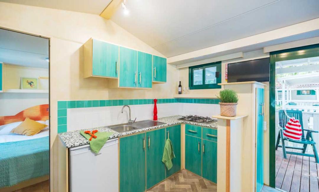 Moderne Küche mit grünen Schränken und Zugang zur Veranda.