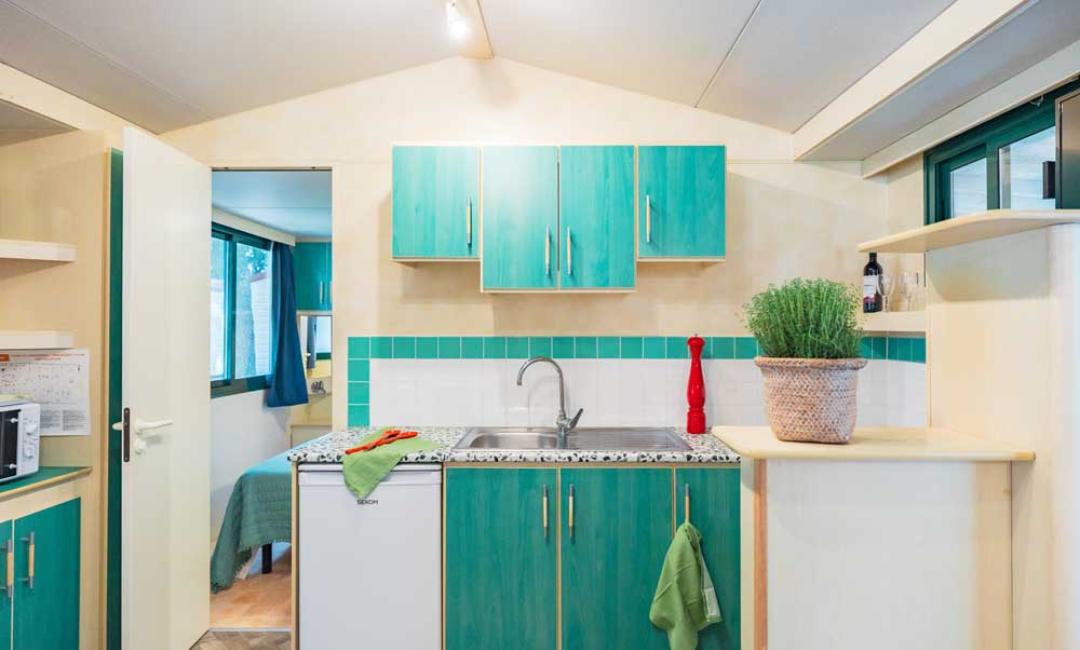 Moderne Küche mit grünen Schränken, Kühlschrank und Spüle.
