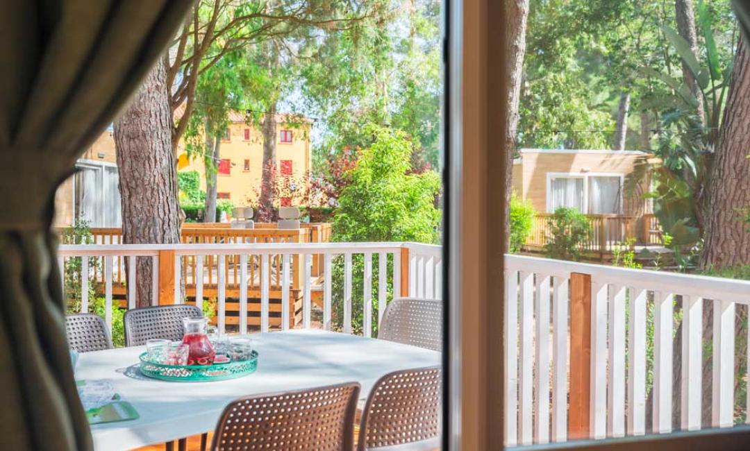 Vue sur une terrasse avec table, chaises et arbres.