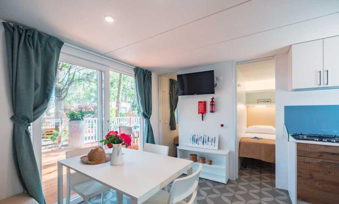 Salon confortable avec vue sur le jardin, table à manger et cuisine moderne.