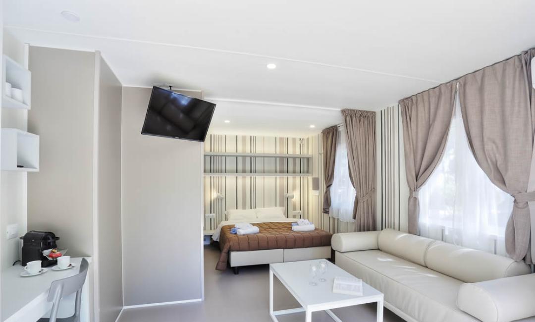Camera moderna con letto, divano, TV e macchina da caffè.