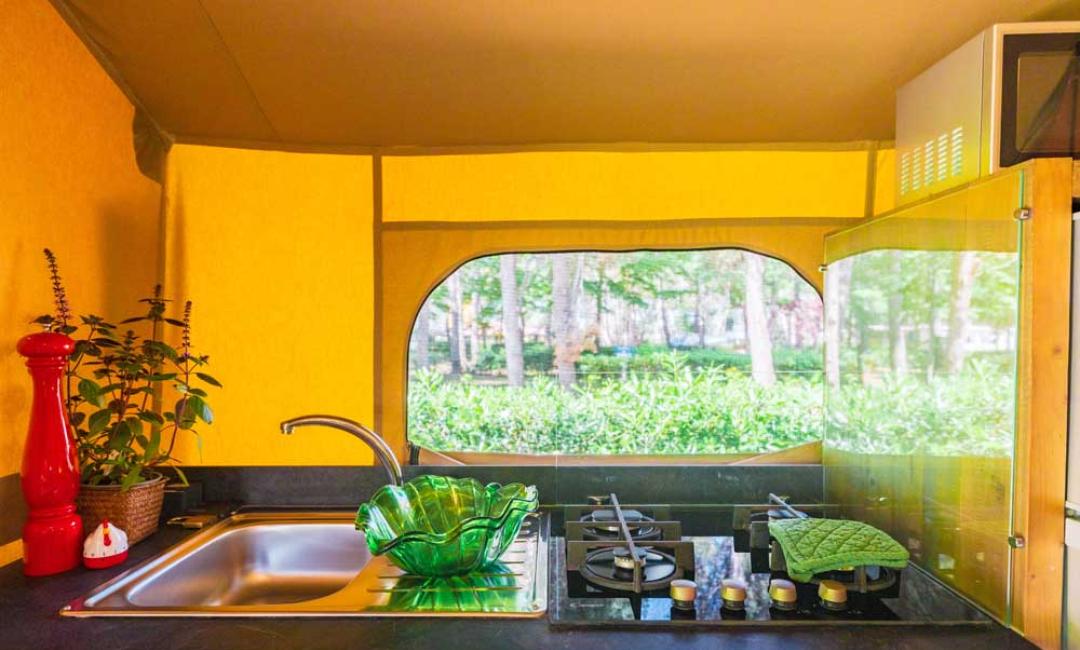 Cuisine de camping avec évier, cuisinière et vue sur la forêt.