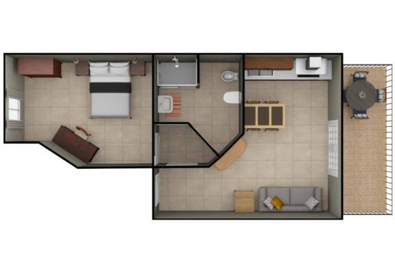 Appartement une chambre avec salle de bain, cuisine, salon et balcon.